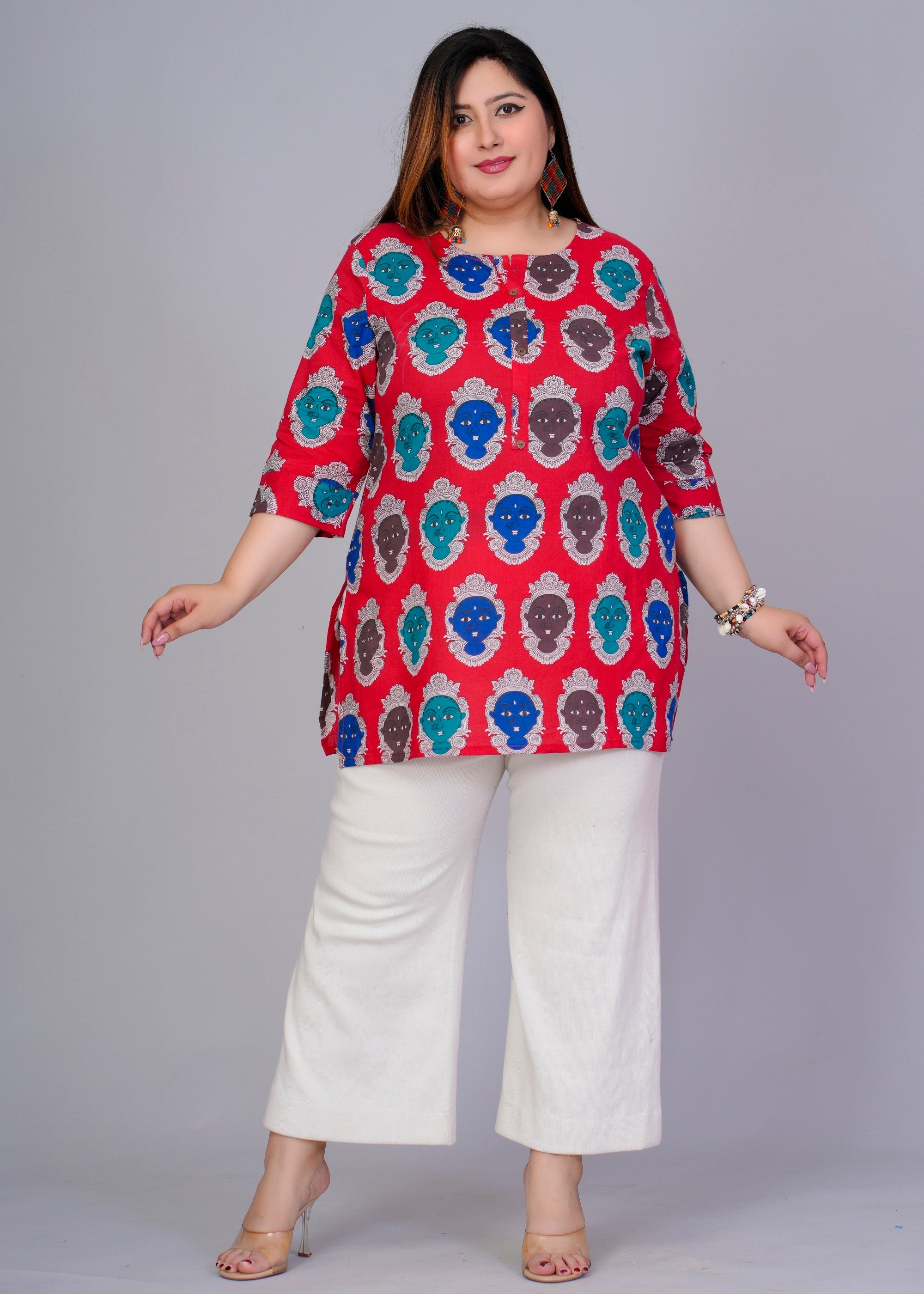 Red Abstract Figurine Short Kurti