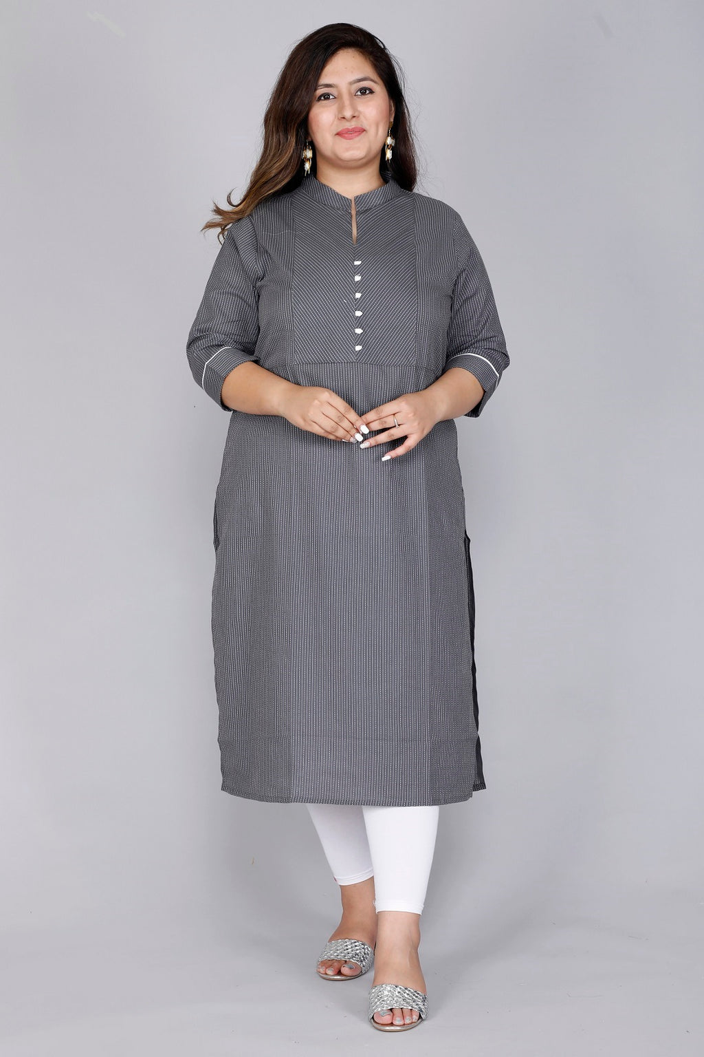 Mandarin Collar Grey Stripe Kurta