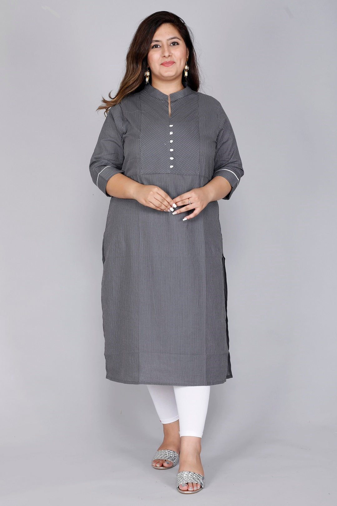 Mandarin Collar Grey Stripe Kurta