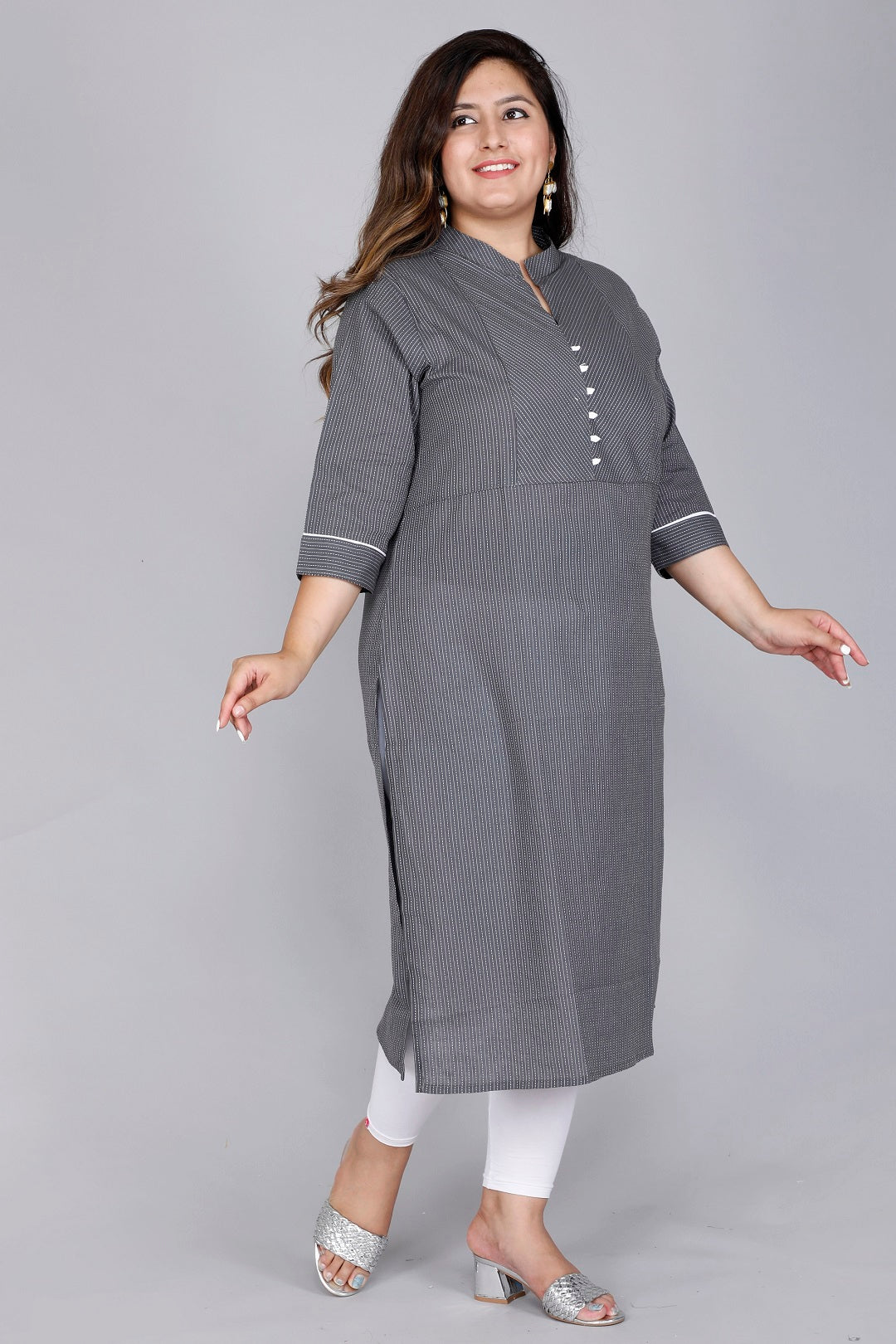 Mandarin Collar Grey Stripe Kurta