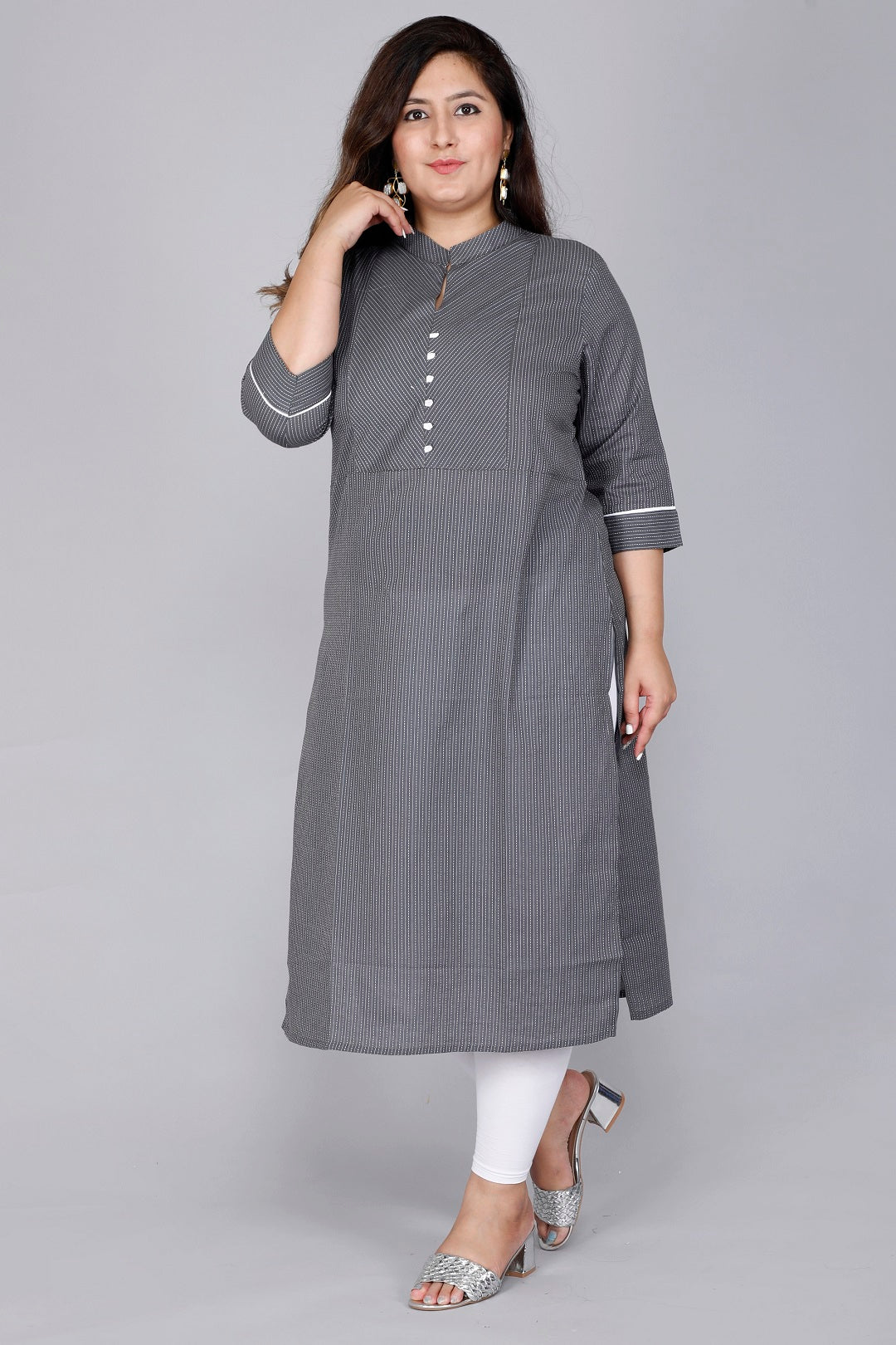 Mandarin Collar Grey Stripe Kurta