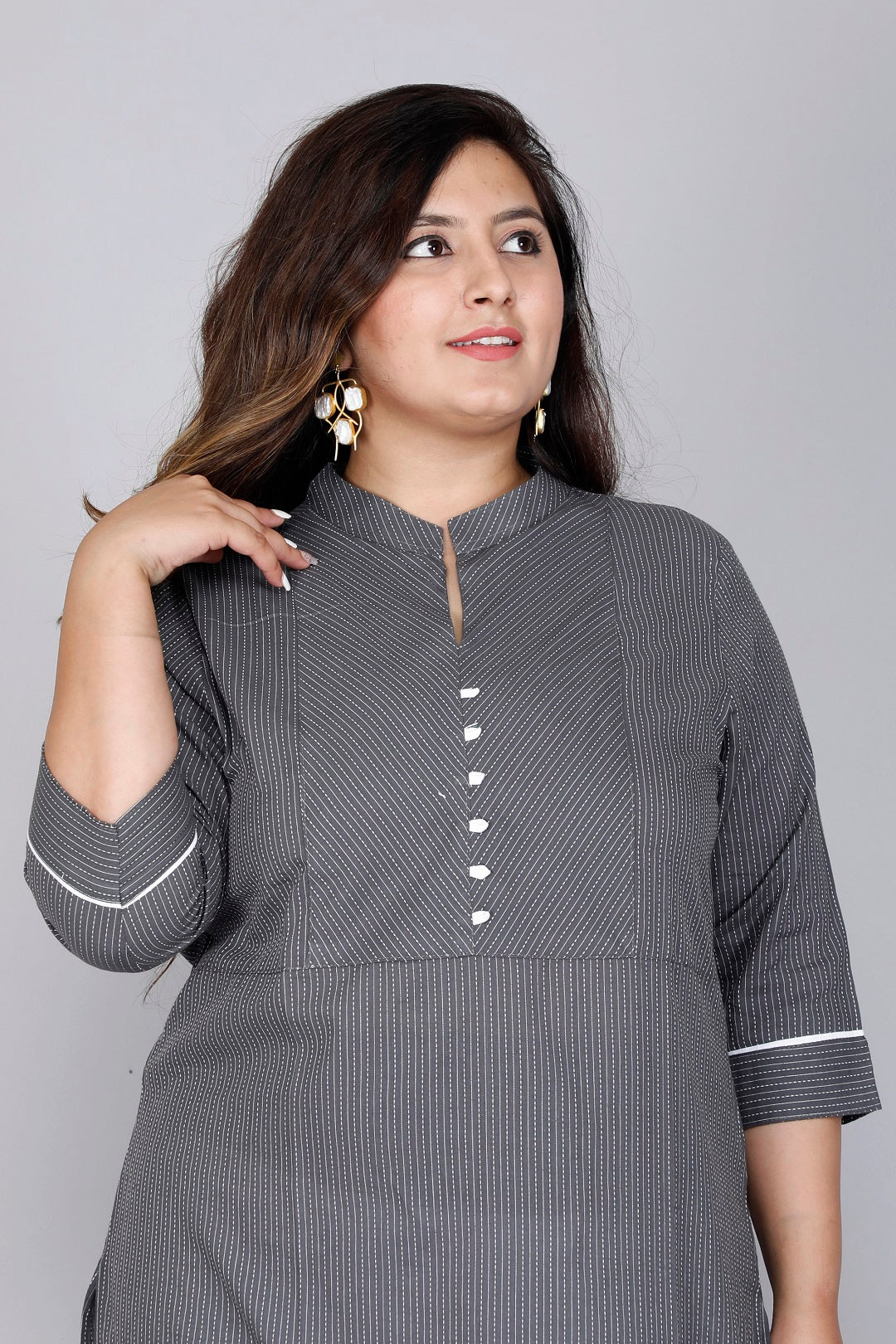Mandarin Collar Grey Stripe Kurta