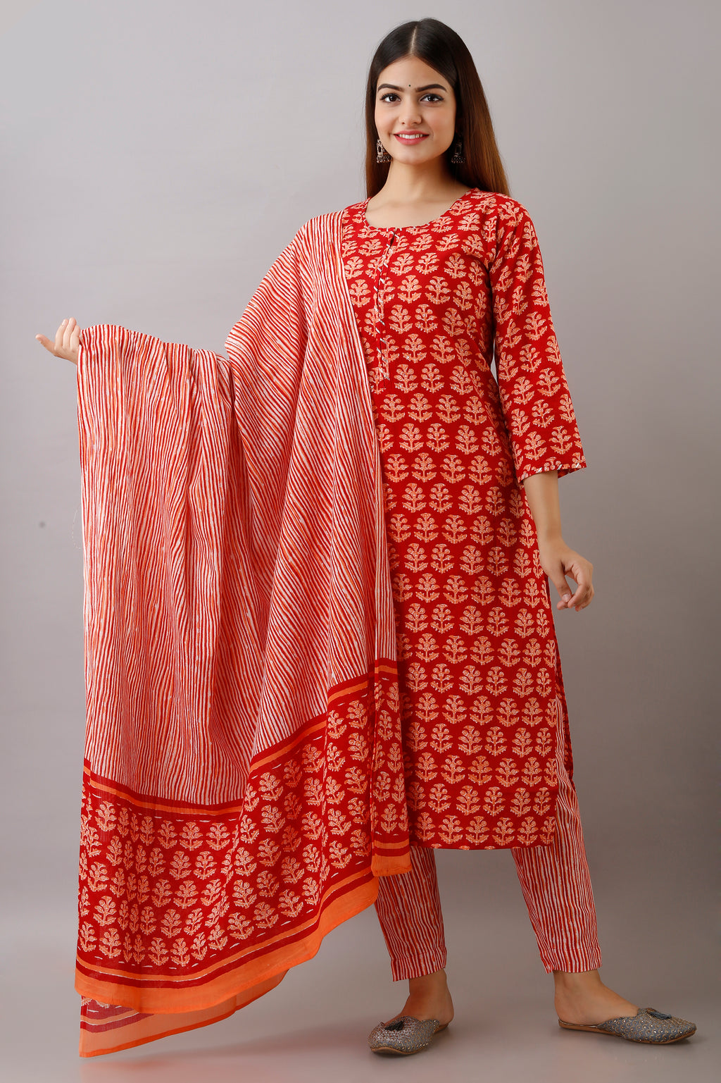 Red Motif Print Dupatta Set