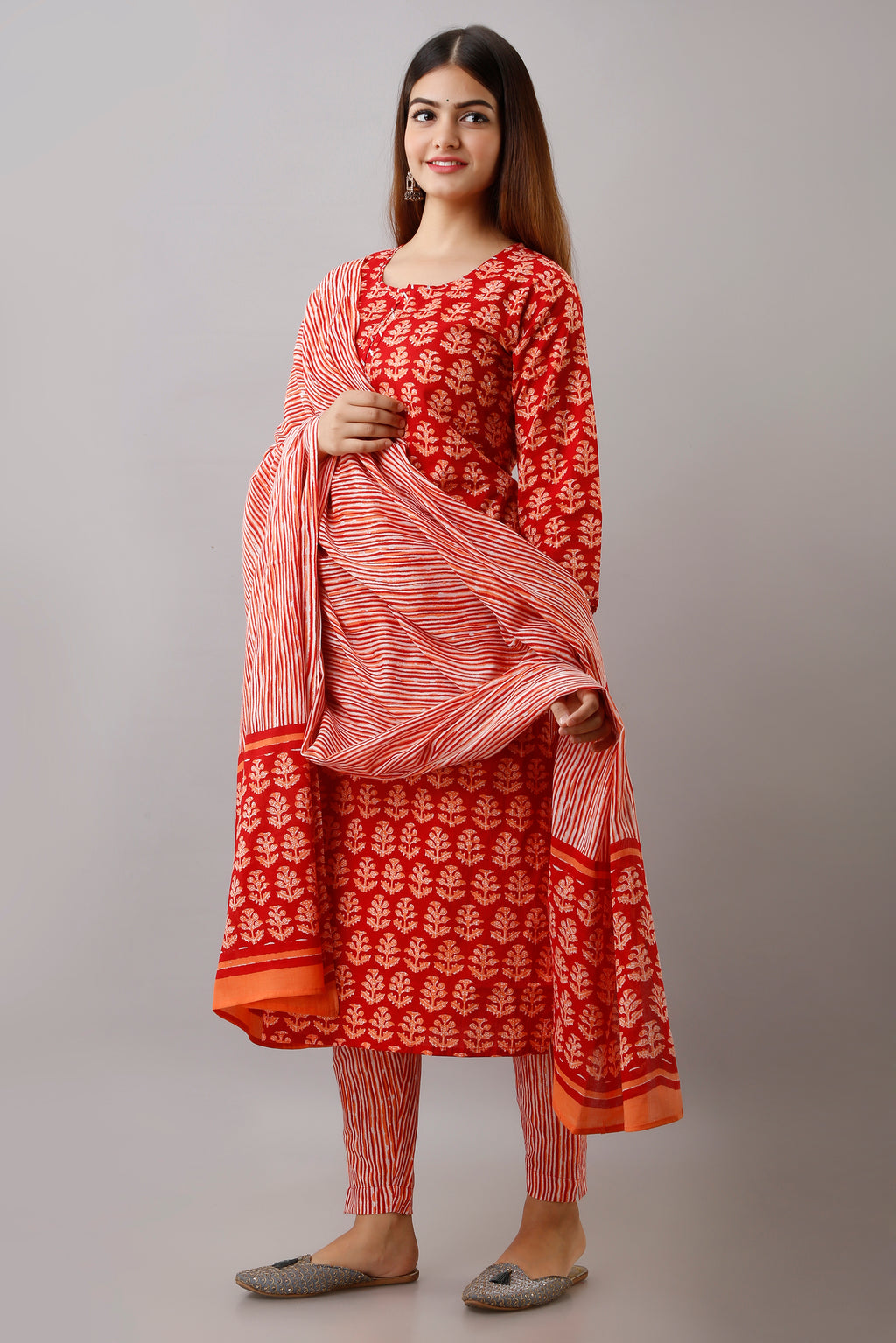 Red Motif Print Dupatta Set
