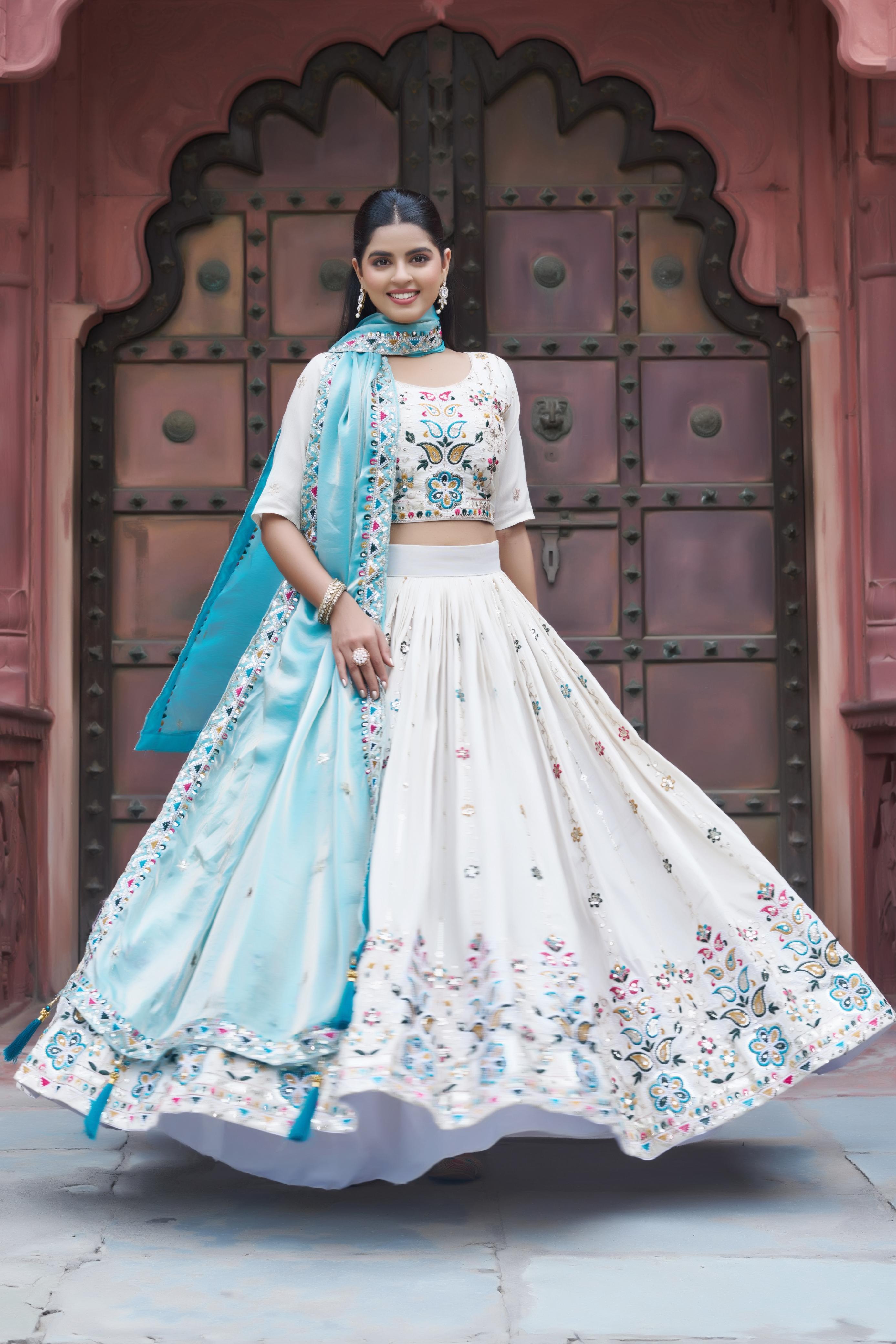 Teal Blue Embroidered Georgette Lehenga Choli Set