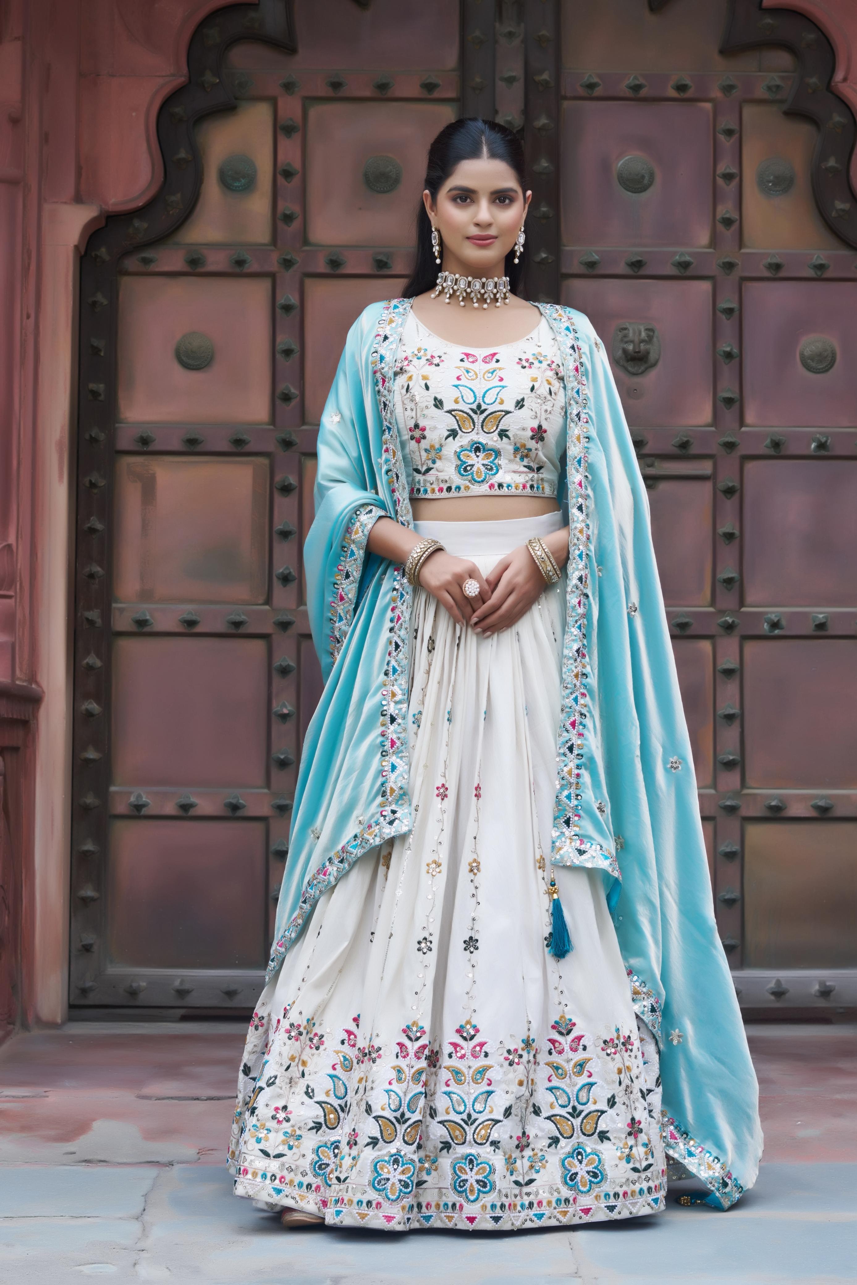 Teal Blue Embroidered Georgette Lehenga Choli Set