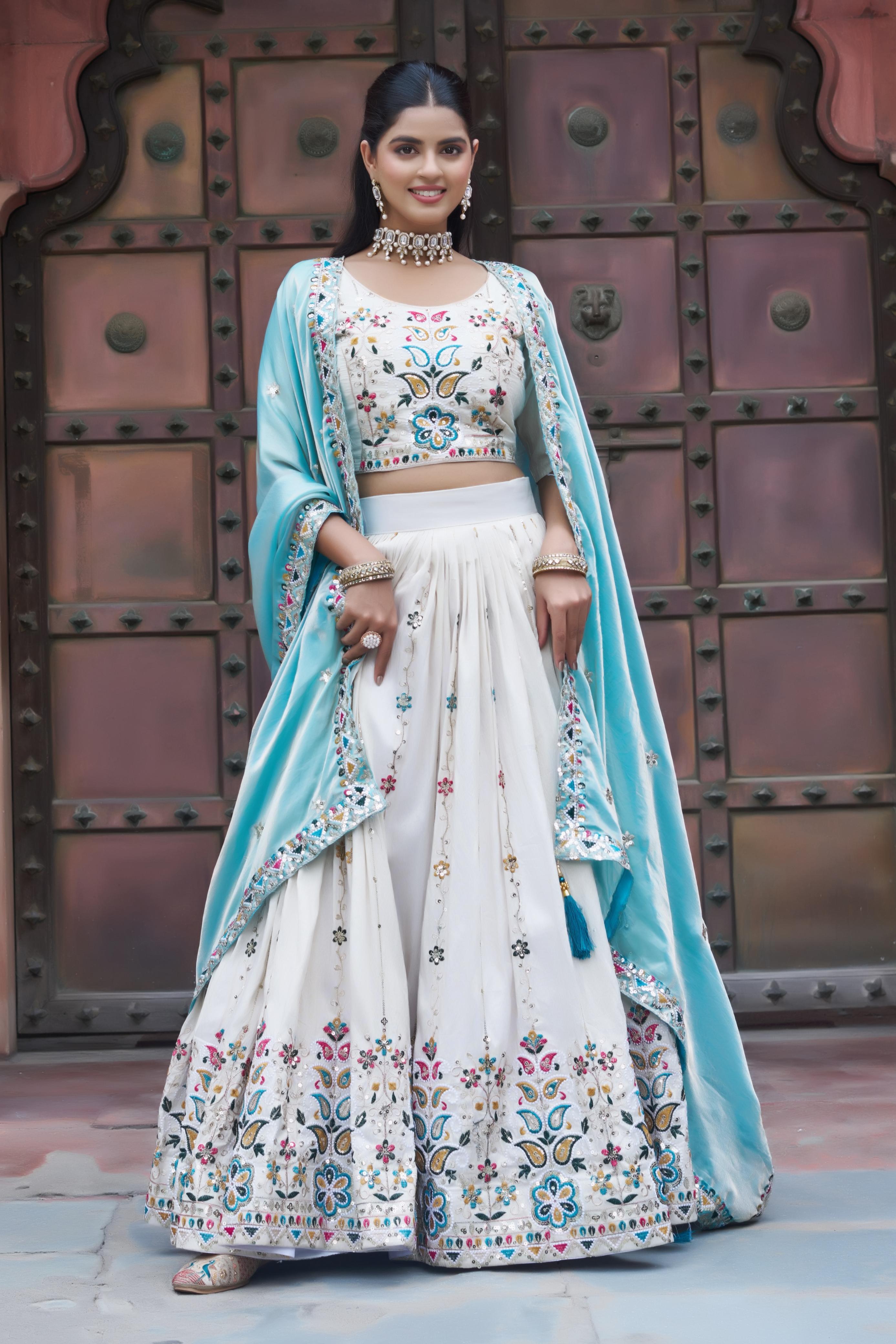 Teal Blue Embroidered Georgette Lehenga Choli Set