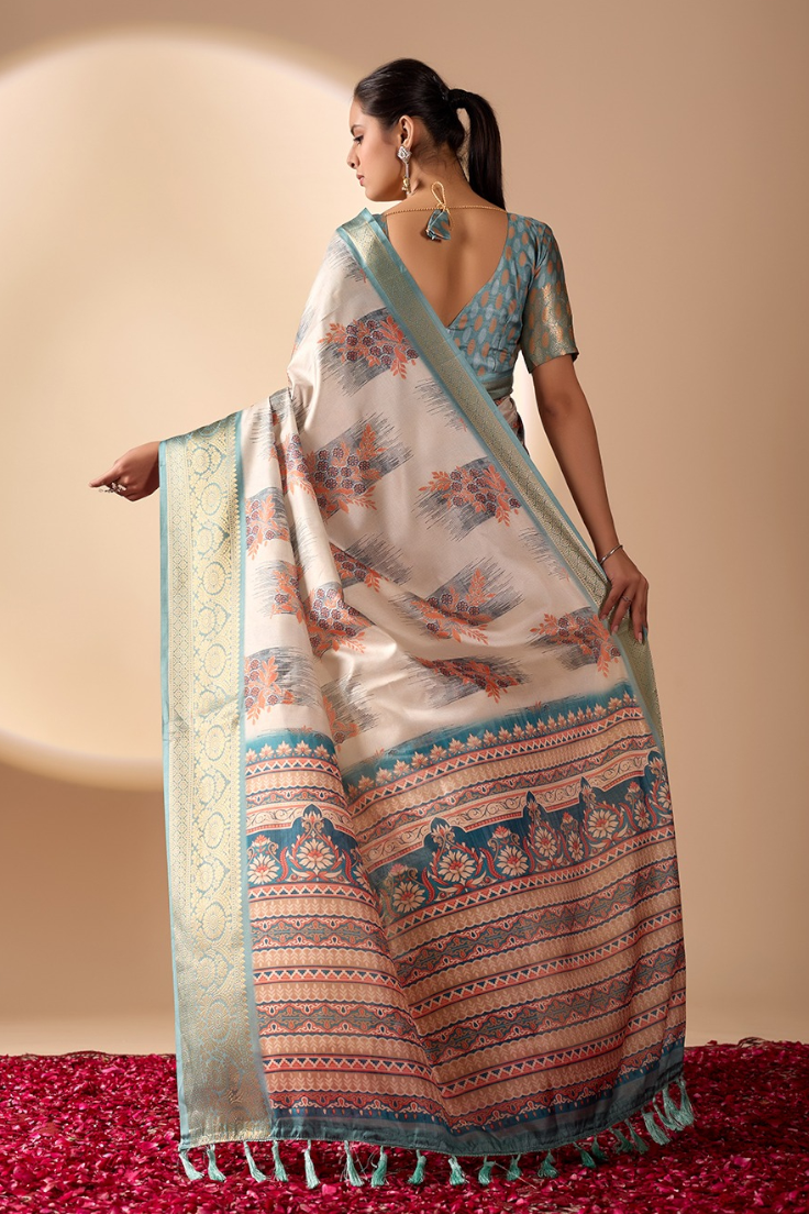 Ivory & Teal Lichi Silk Saree