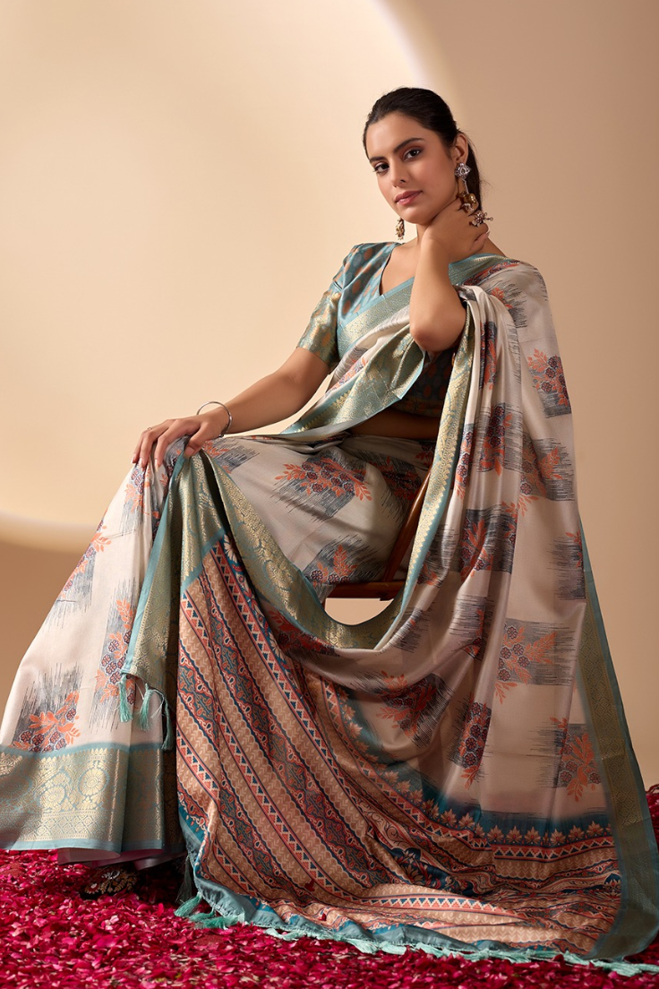 Ivory & Teal Lichi Silk Saree