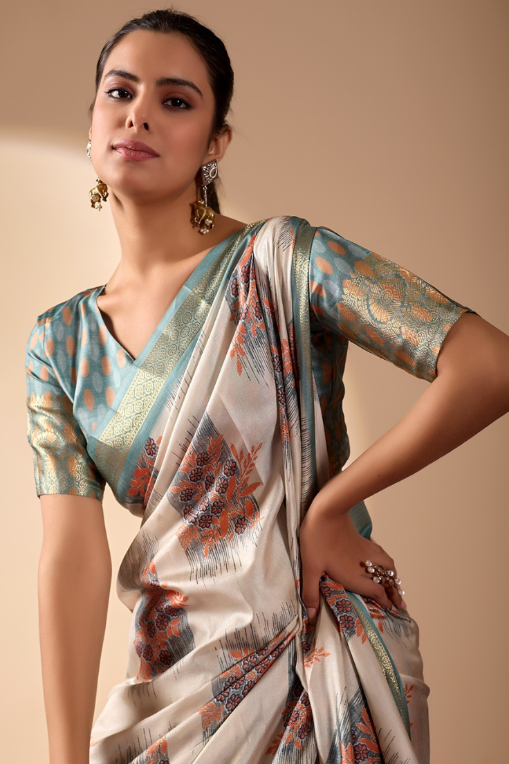 Ivory & Teal Lichi Silk Saree