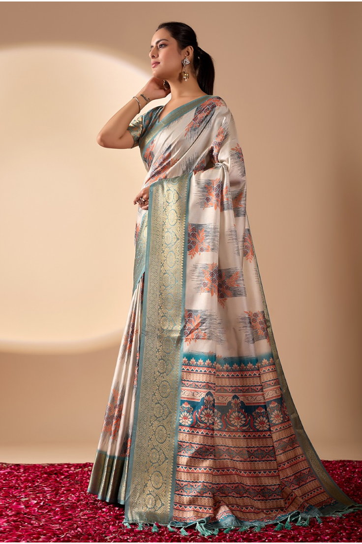 Ivory & Teal Lichi Silk Saree