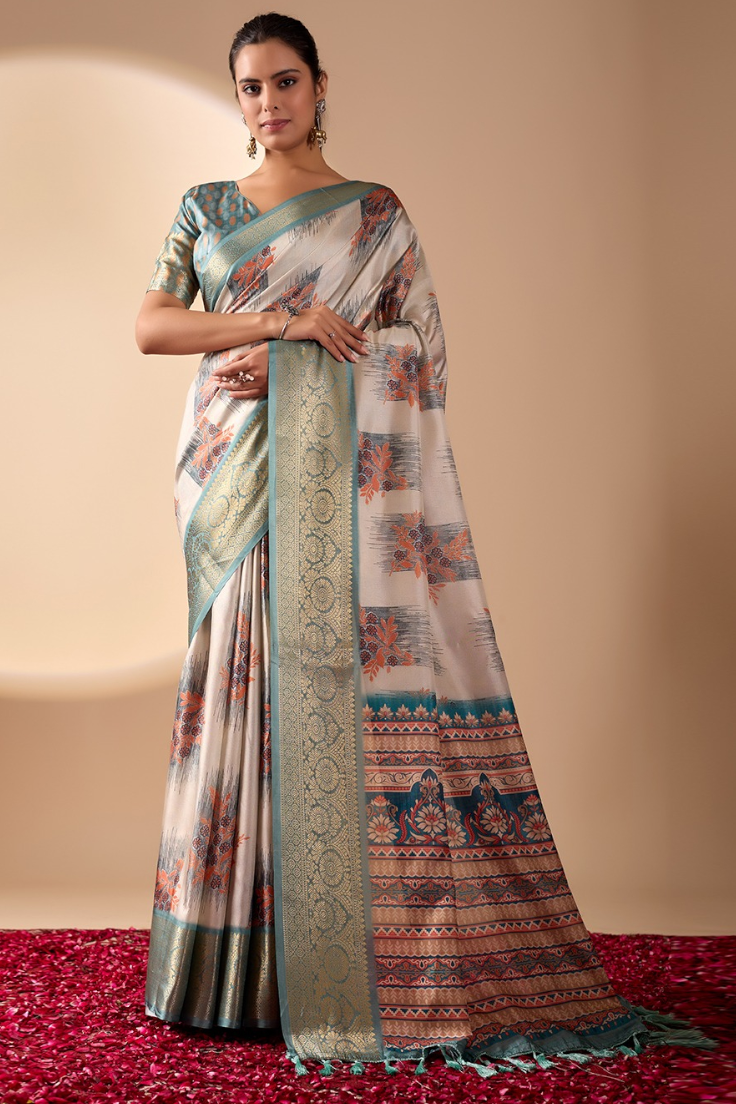 Ivory & Teal Lichi Silk Saree