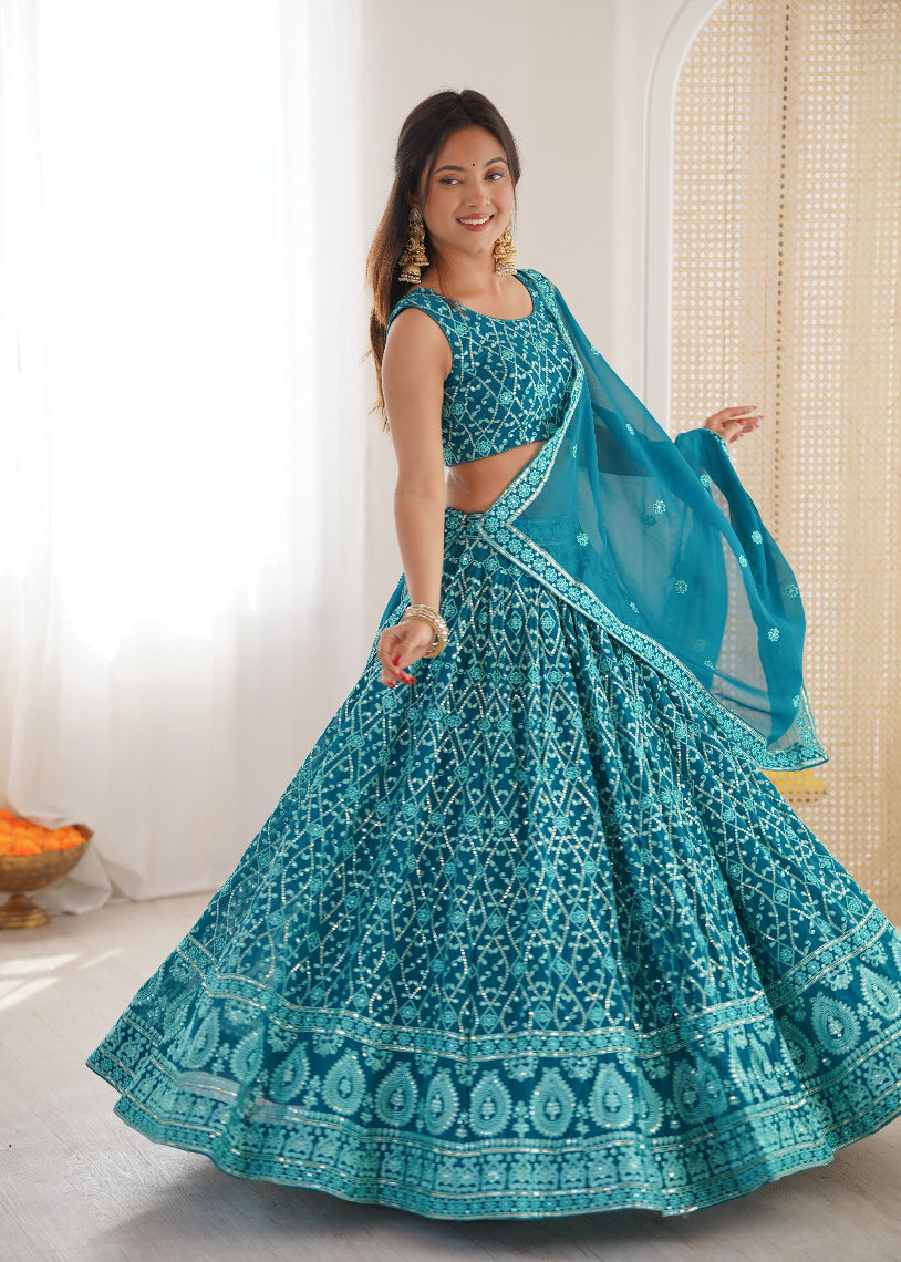 Teal Blue Embroidered Lehenga Choli Set