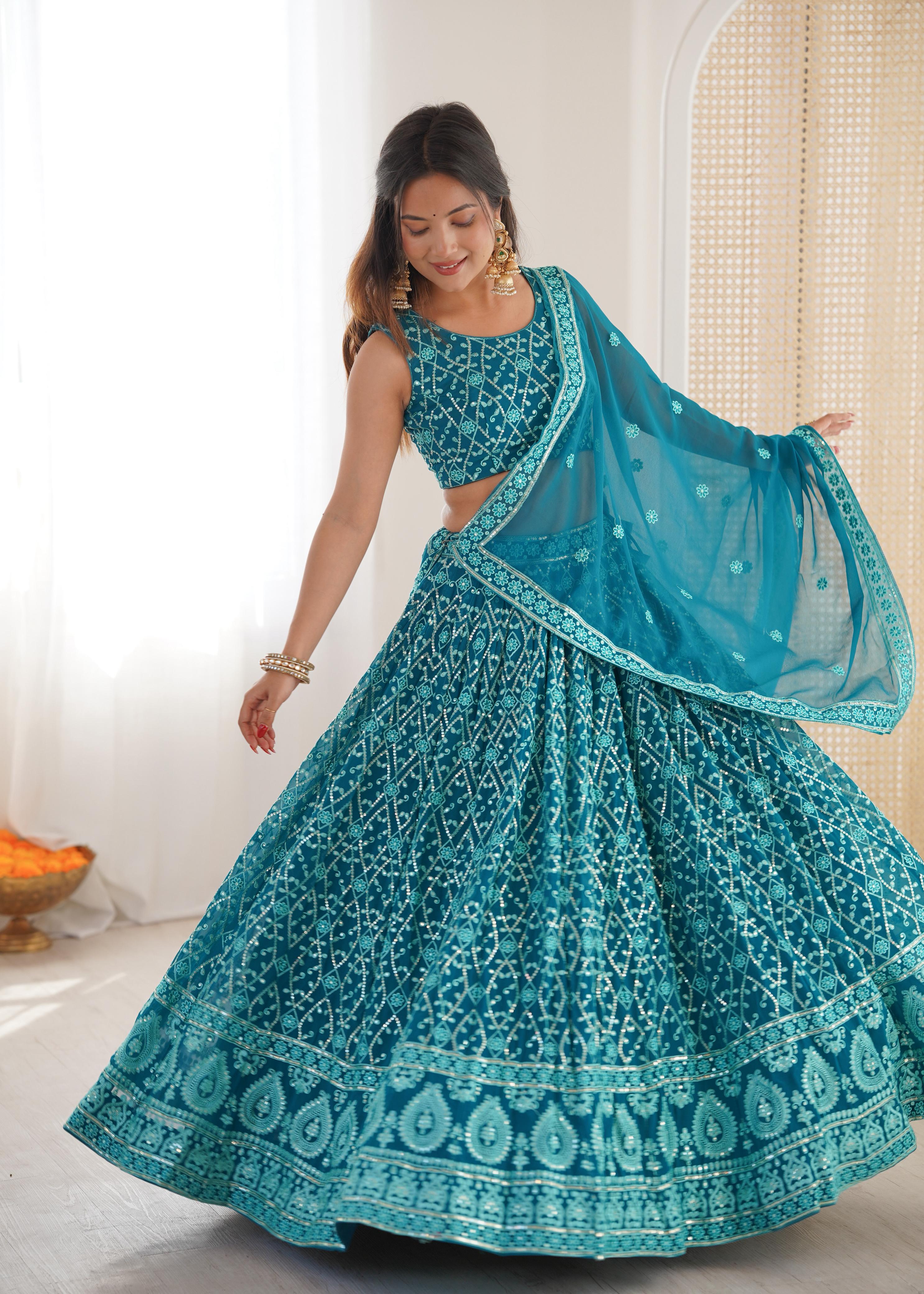 Teal Blue Embroidered Lehenga Choli Set