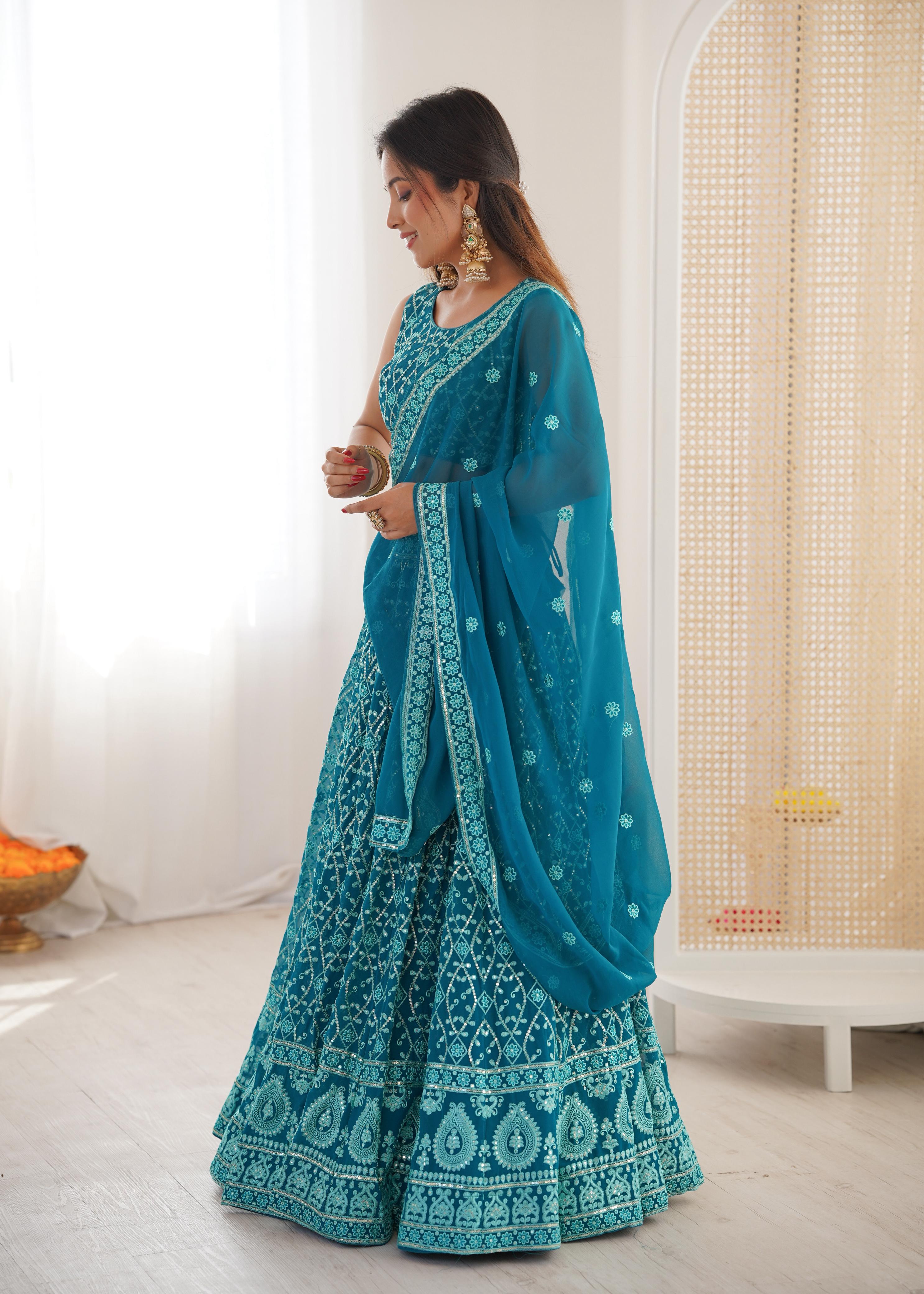 Teal Blue Embroidered Lehenga Choli Set