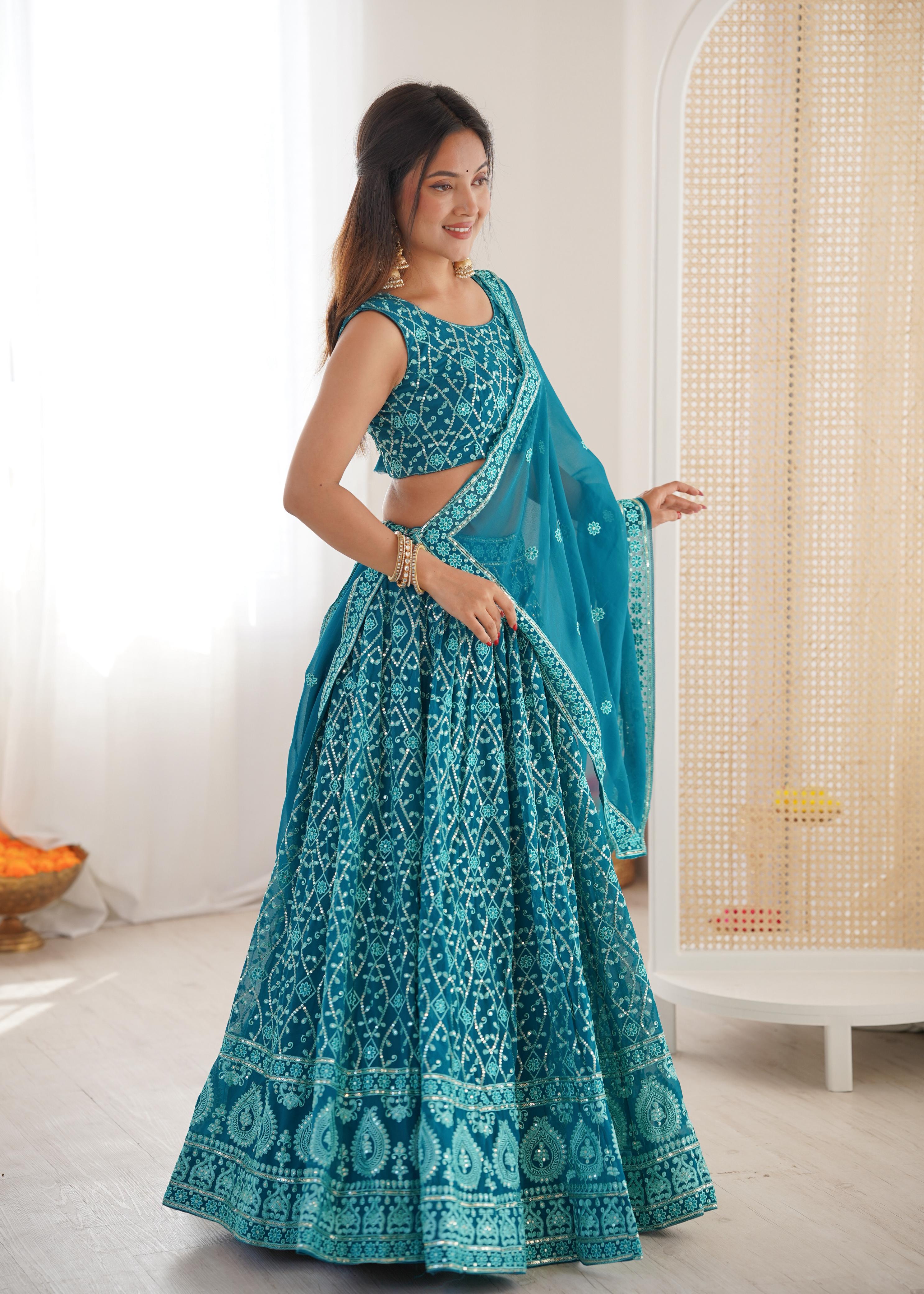 Teal Blue Embroidered Lehenga Choli Set