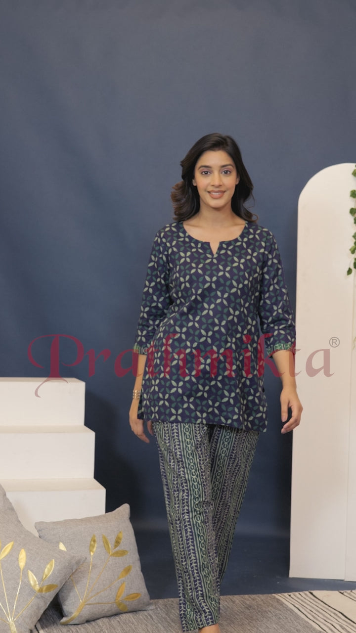 Indigo Geometric Print Pajama Set